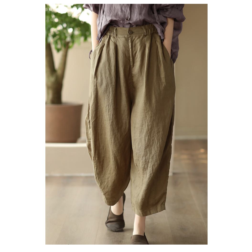 Pantalon ample en lin rétro décontracté à taille haute et motif artistique
