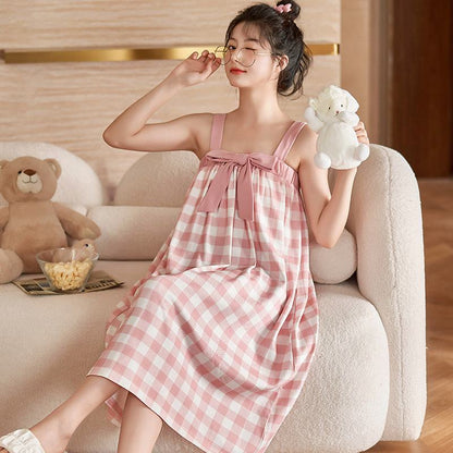 Cami Pink Bow Tie Cotton Plaid Night Dress