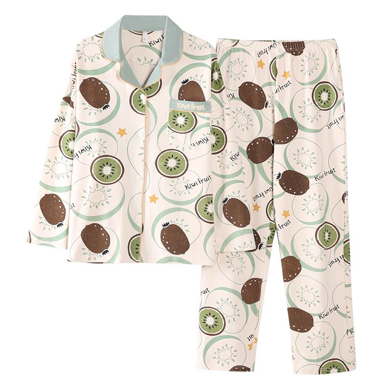 Conjunto de pijama de algodón puro tejido ajustado con botones delanteros y estampado de frutas.
