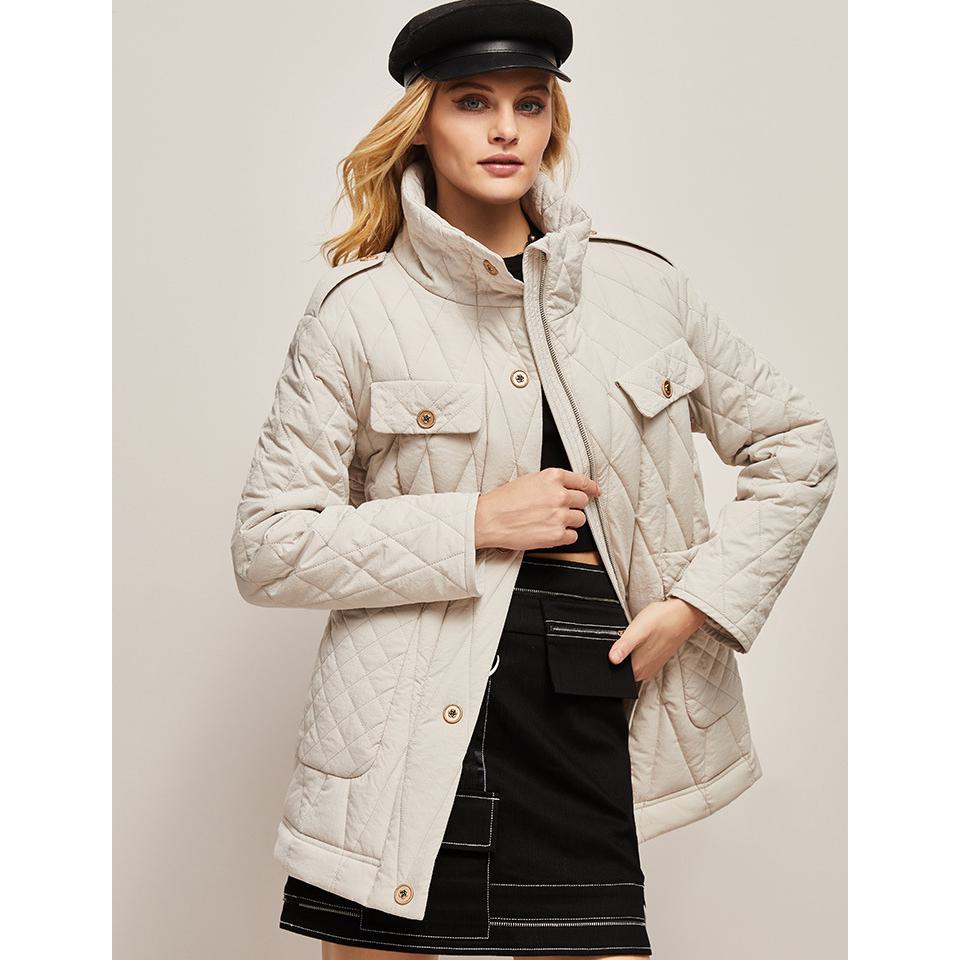 Diamond Quilted Thigh-Length Puffer Jacket