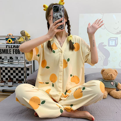 Conjunto de pijama de algodón con cuello en V y botones delanteros estilo manzana