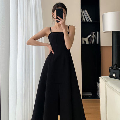 Robe de Style Français Élégante Noire Amincissante à Taille Haute