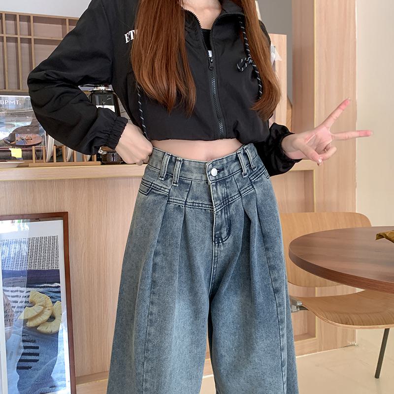 Jeans rectos de mezclilla retro con cintura ajustada casual y ajuste holgado