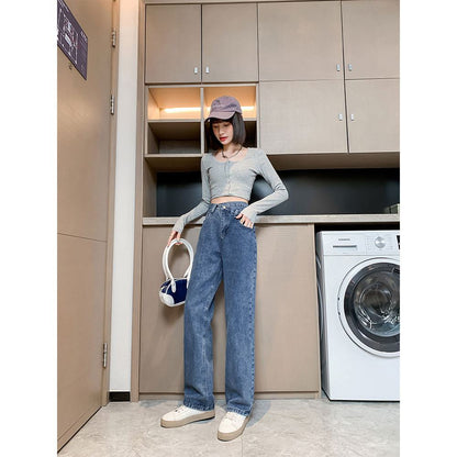 High-Waisted Design Draping Floor-Length Loose Fit Straight Leg Jeans