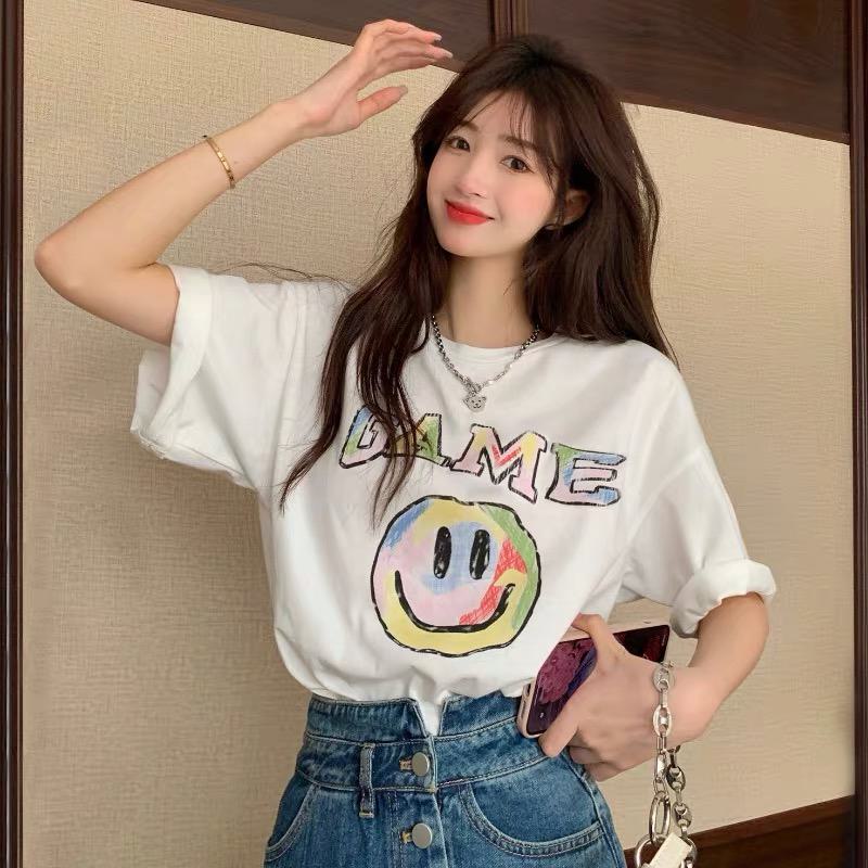 Daily Round Neck Versatile Print Casual Vitality Smiling Short Sleeve Tee