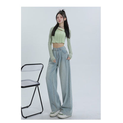 High-Waisted Worn-Out Look Pleated Loose Fit Wide Leg Jeans