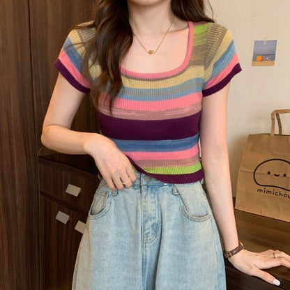Knitted Slimming Cropped Stripe Slim-Fit Colorful Square Collar Short Sleeve Tee