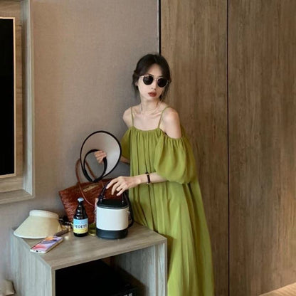 French Style Off-Shoulder Green Loose Fit Dress