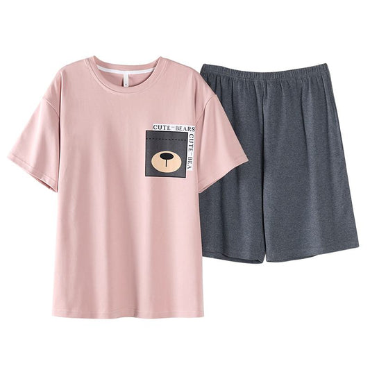 Tightly Woven Pure Cotton Bear Pattern Pink Short Sleeves Lounge Set