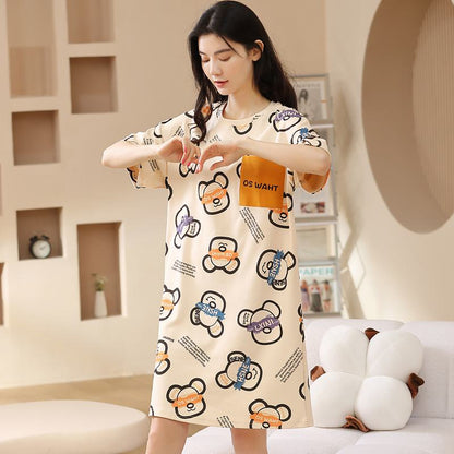 Letter Cartoon Tightly Woven Pure Cotton Bear Pattern Lounge Dress