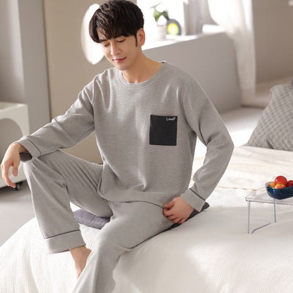 Round Neck Houndstooth Pocket Pullover Tightly Woven Pure Cotton Lounge Set