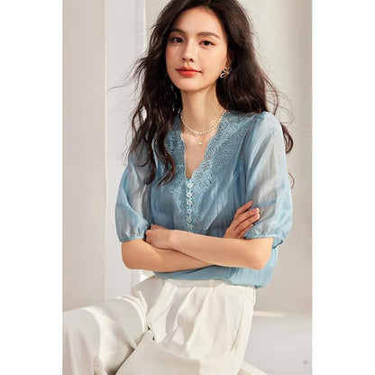 Embroidery Pullover Tencel Top V-Neck Blouse