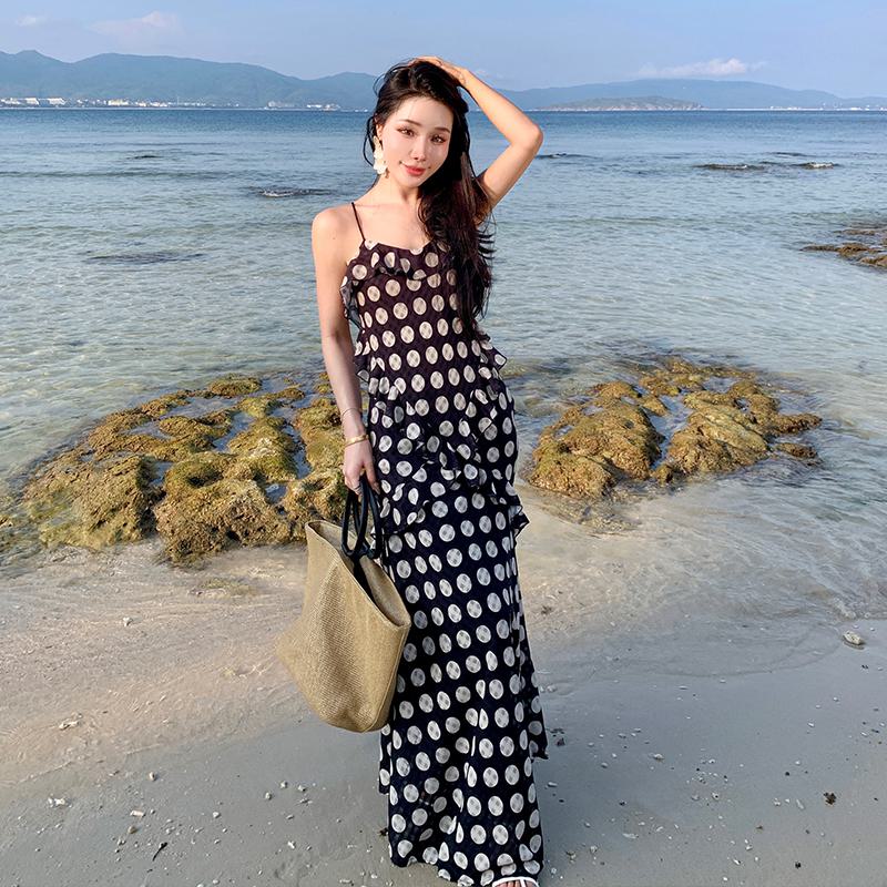Beach Ruffle Hem Cami Backless Vacation Polka Dot Dress