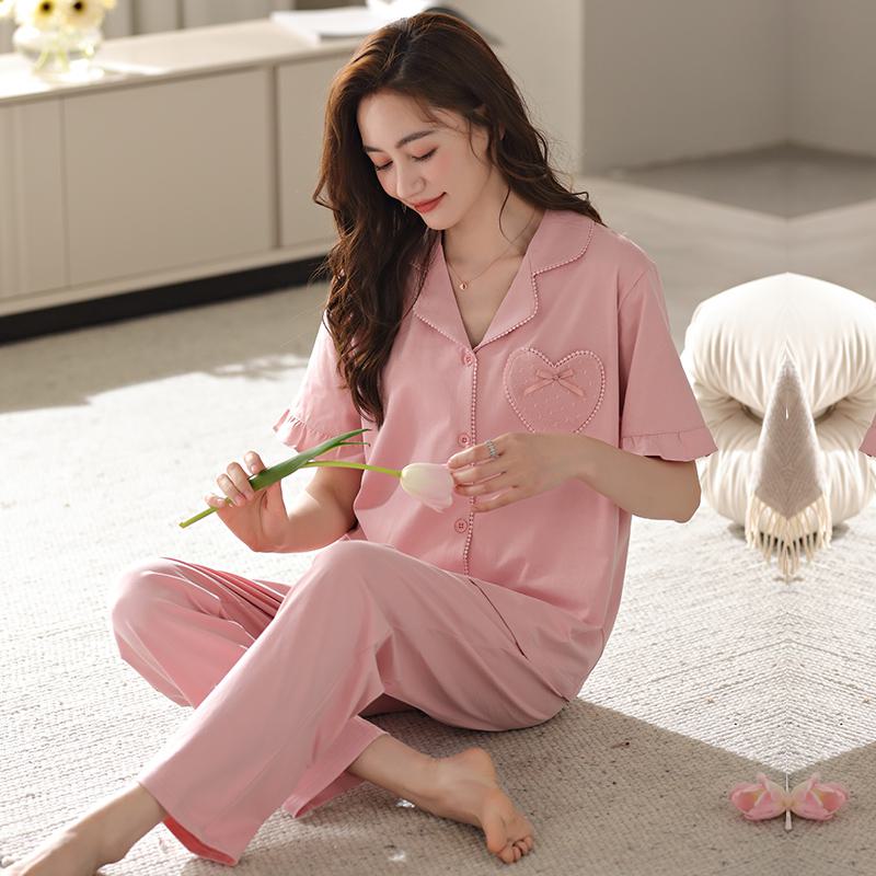 Conjunto de pijama de algodón puro rosa con forma de corazón y cierre de botones de lycra.