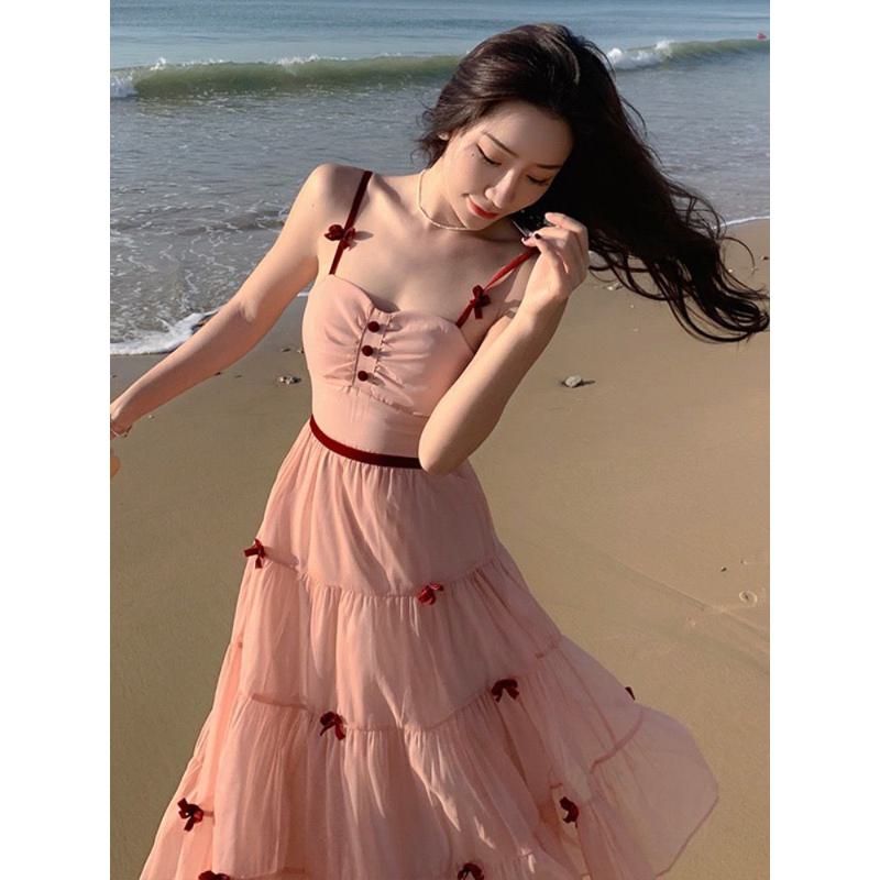 High-Waisted Chiffon Slimming Full-Skirt Style Bow Tie Dress