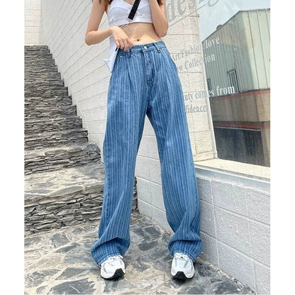 Floor-Length Pleated Loose Fit Straight Stripe High-Waisted Wide-Leg Jeans