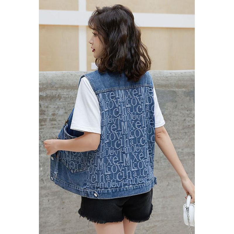 Modische Patchwork-Jeansjacke mit lockerer Passform, Tasche und Buchstabenmuster