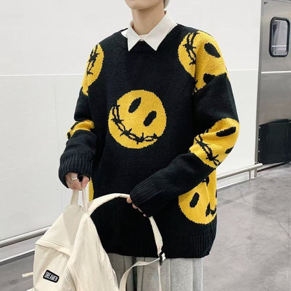 Pullover Smiling Face Loose Fit Thickened Black Sweater