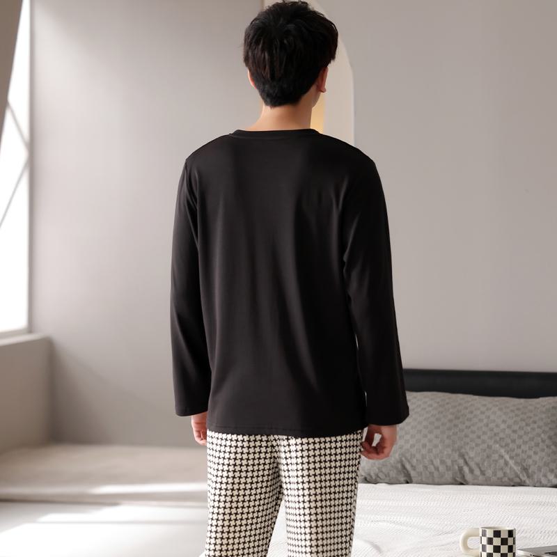 Tightly Woven Pure Cotton Pullover Round Neck Black Plaid Long Sleeve Lounge Set