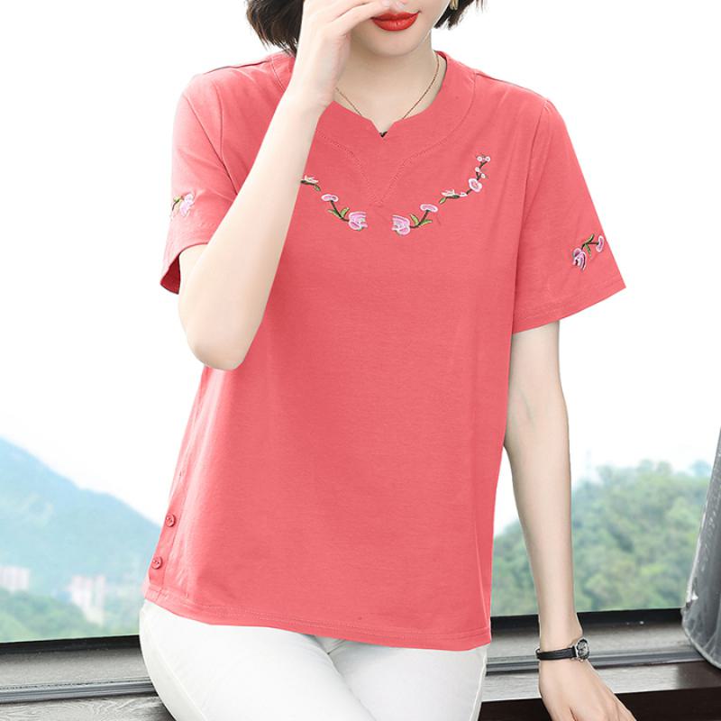Camiseta de manga corta de algodón puro, suelta y versátil, con bordados y botones que cubren la barriga.