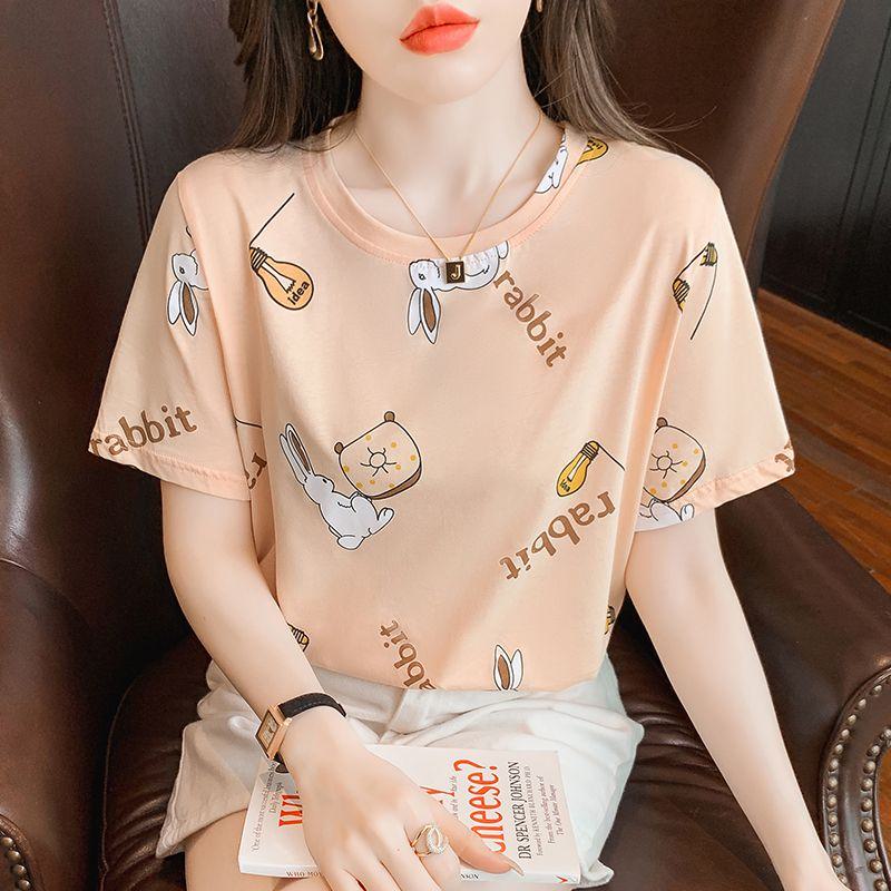 Round Neck Print Loose Fit Bunny Casual Short Sleeve Tee