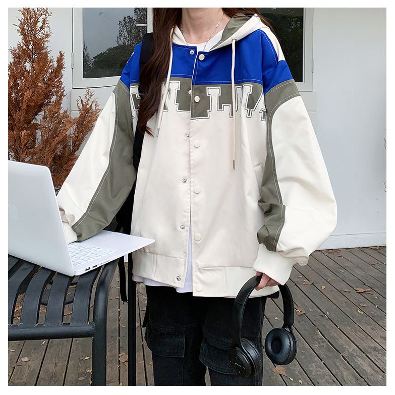 Letter Embroidered Color Block Hooded Windbreaker