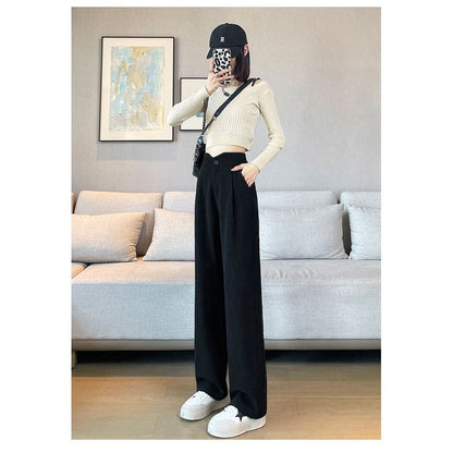 Floor-Length Casual Slimming Straight Draping High-Waisted Pants