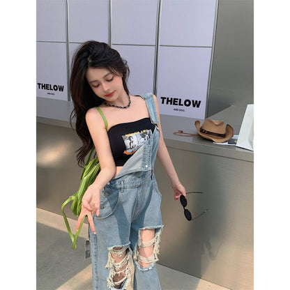 Denim Overalls Workwear Distressed Straight Thin Loose Fit Jeans