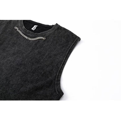 Camiseta negra de algodón puro, sin mangas y de corte holgado con lavado vintage.