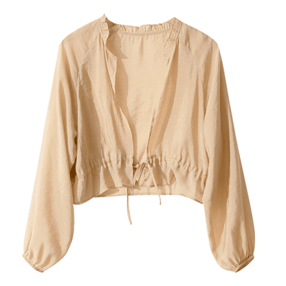 Dünne, schicke Jacke mit Rüschenkragen und durchsichtigem Stoff, UV-Schutz.
