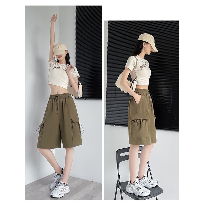 Drawstring Waist Casual Loose Fit Street Style Wide-Leg High-Waisted Slimming Shorts