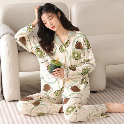 Conjunto de pijama de algodón puro tejido ajustado con botones delanteros y estampado de frutas.