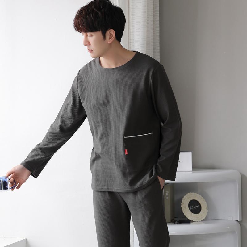 Round Neck Houndstooth Pocket Pullover Tightly Woven Pure Cotton Gray Lounge Set