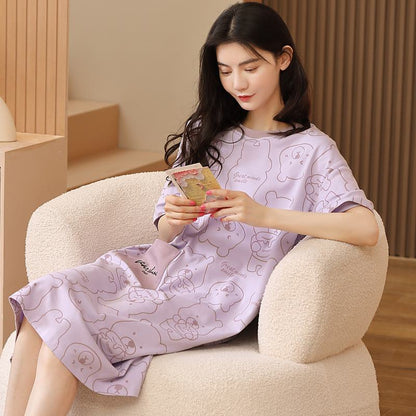 Tightly Woven Pure Cotton Bear Pattern Purple Adhesive Pocket Midi Lounge Dress
