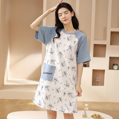 Cartoon Tightly Woven Pure Cotton Little Elephant Lounge Dress