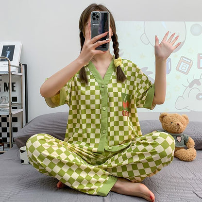 Ensemble pyjama en coton à carreaux avec boutons et motif cerise