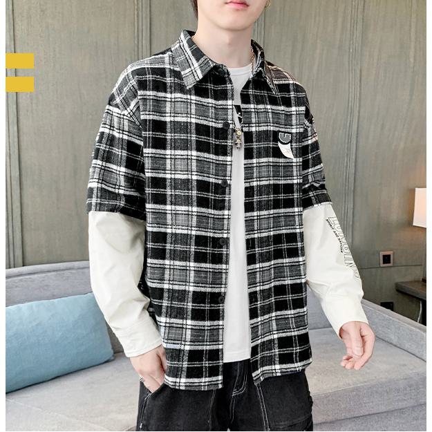 Trendy Workwear Style Patchwork Faux Two-Piece Long Sleeve Shirt