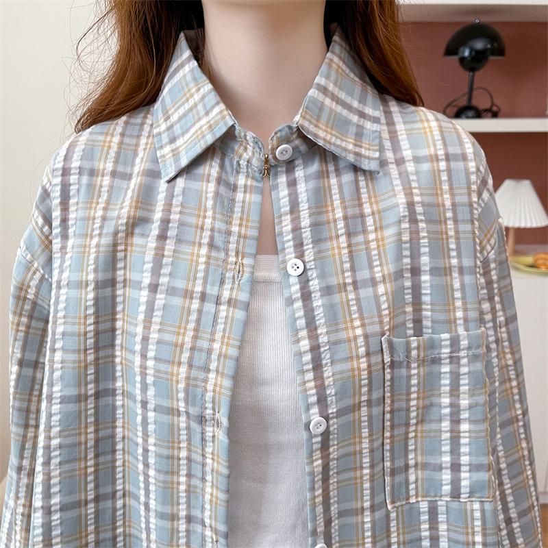 Camisa informal de cuadros finos de algodón anti-envejecimiento con protección solar
