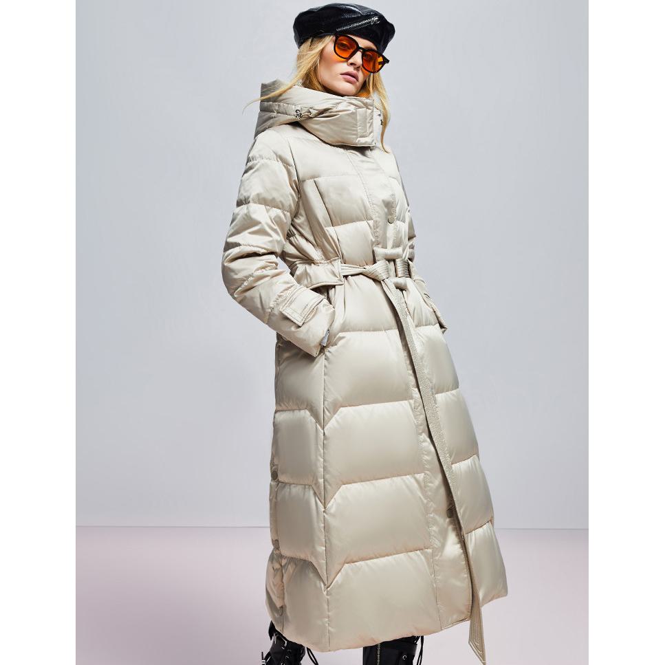 Calf-Length High Neck Quilted Belted Down Coat