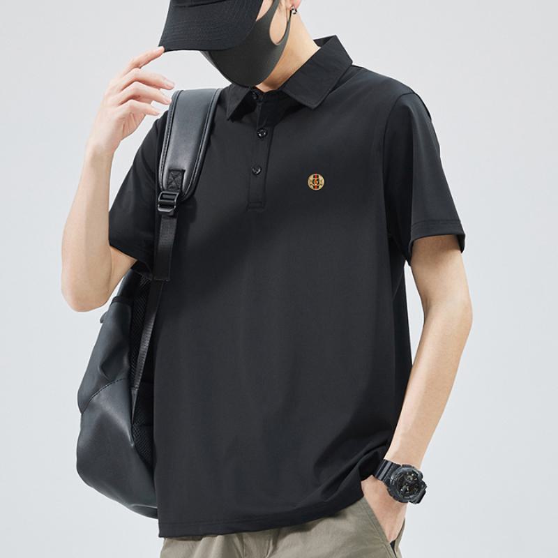 Camisa Polo de Manga Corta de Tencel Elite Estampado de Espiga Seda con Solapa Resistente a las Arrugas