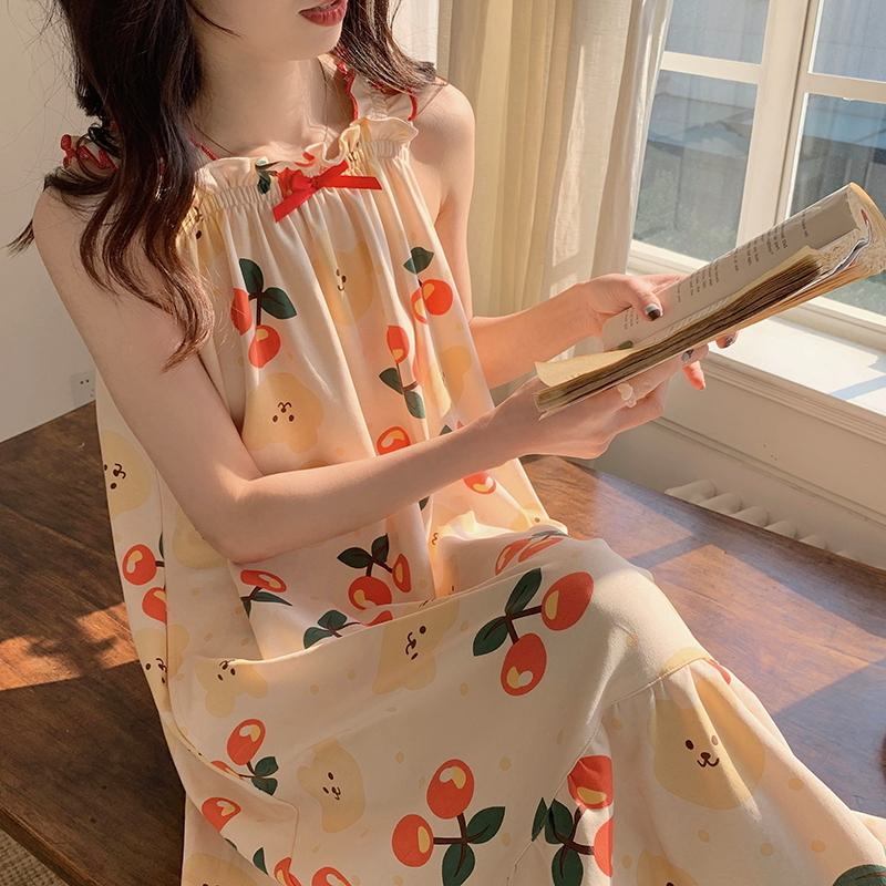 Bow Tie Cherry Silky Bear Pattern Cami Night Dress