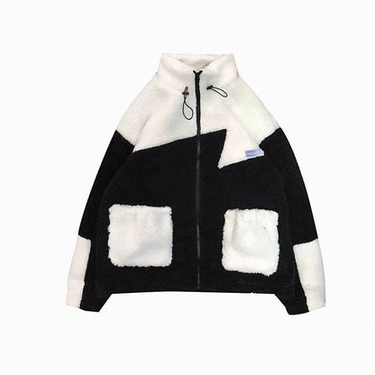 Lamb Wool Color Blocking Trendy Loose Fit Versatile Casual Workwear Teddy Coat