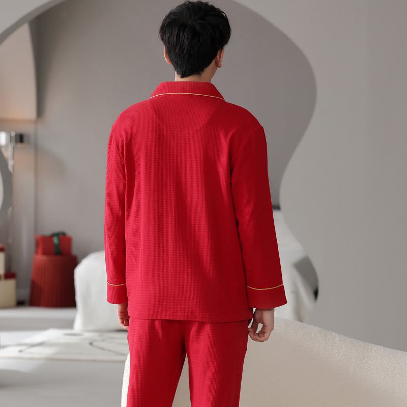 Conjunto de pijama de algodón puro tejido ajustado de manga larga rojo a cuadros con botones delanteros y bolsillos