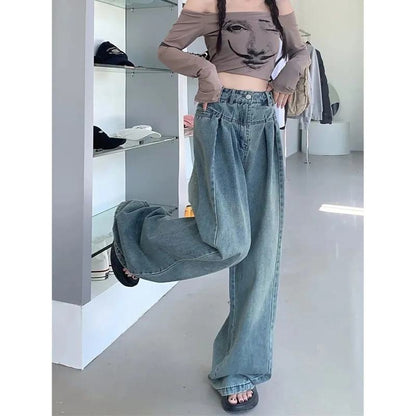 Slimming High-Waisted Washed Out Floor-Length Loose-Fit Retro Pleated Wide-Leg Jeans