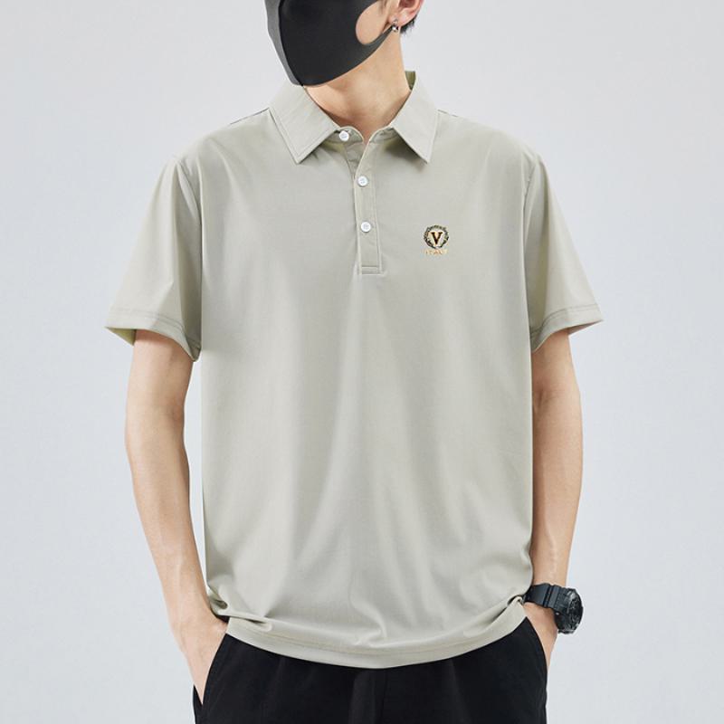 Camisa Polo de Manga Corta de Lujo Ligero de Seda con Estampado de Espiga y Cuello de Solapa de Tencel Resistente a las Arrugas