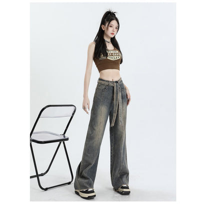 High-Waisted Thin Worn-Out Look Street Style Loose Fit Straight Leg Jeans
