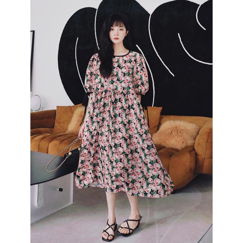 French Style Floral Print Chic Fat Covering Long Style Gentle Niche Casual Fashion Dress