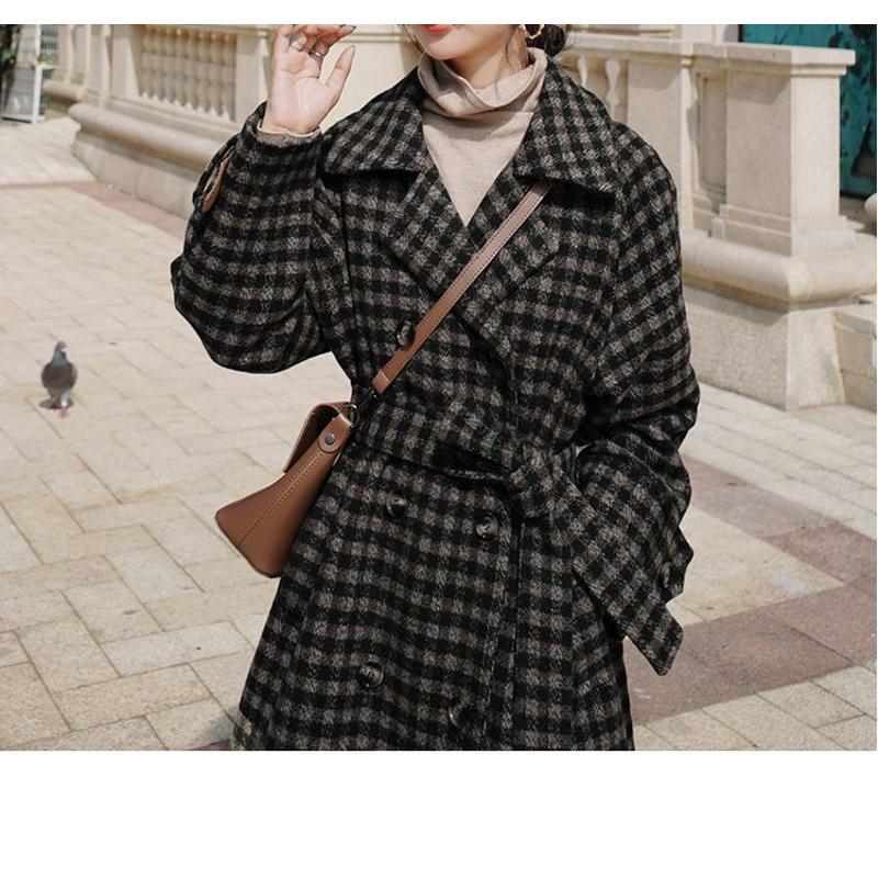 Full-Length Loose Fit Wool Thickened Plaid Cinched Waist Overcoat
