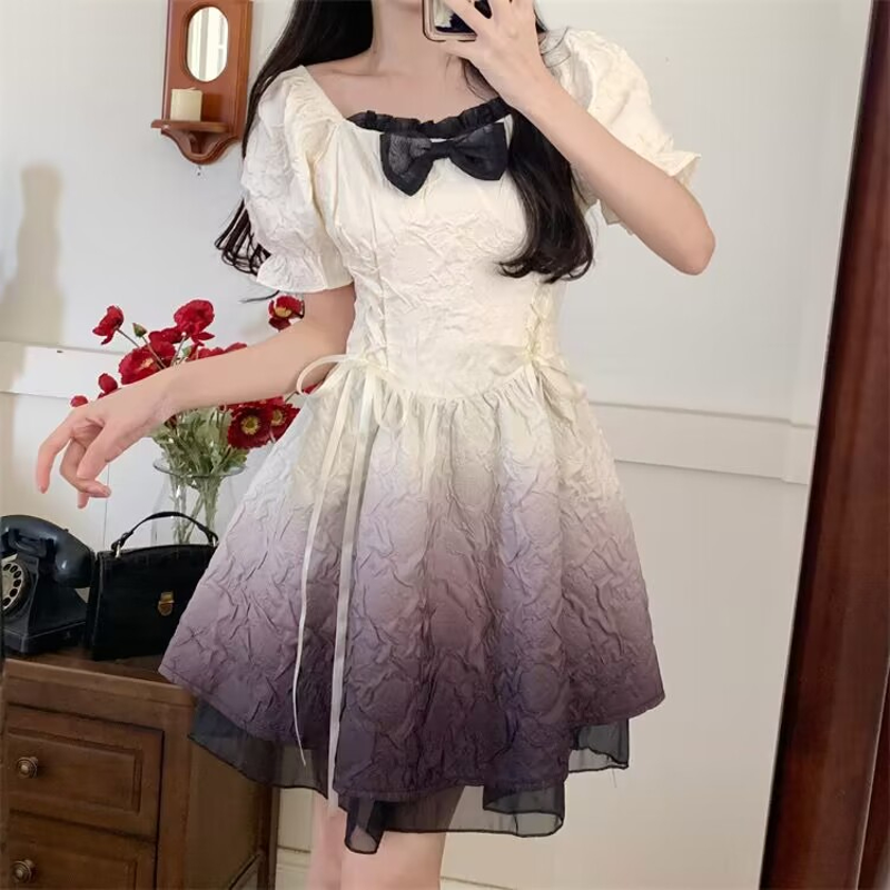 Bow Tie French Style Slightly Wrinkled Bubble Dress