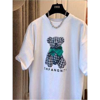 Women's T-Shirt Teddy Bear Midi Print Lazy Short Sleeve Tee